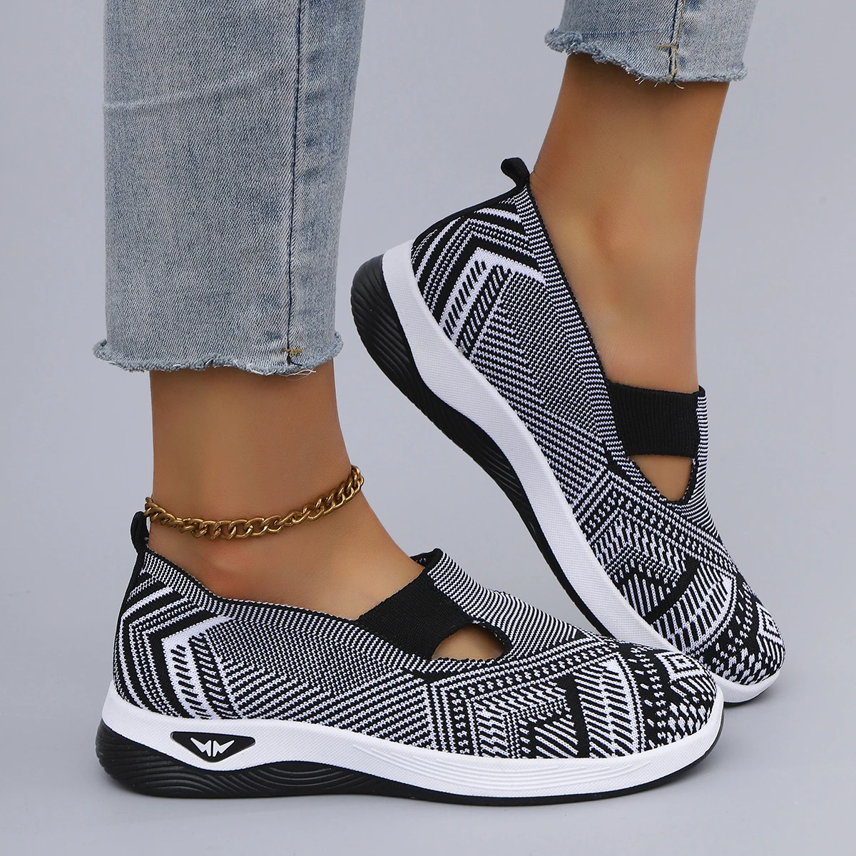 Casual Striped Breathable Shallow Cotton Mesh Slip-On Flat Shoes - Image 4