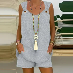 Casual Suspender Sleeveless Solid Color Top and Pants Set