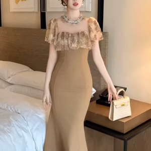 Casual Sweet Lace Sheer O-Neck Elegant Party Prom Slim Midi Fishtail Dress