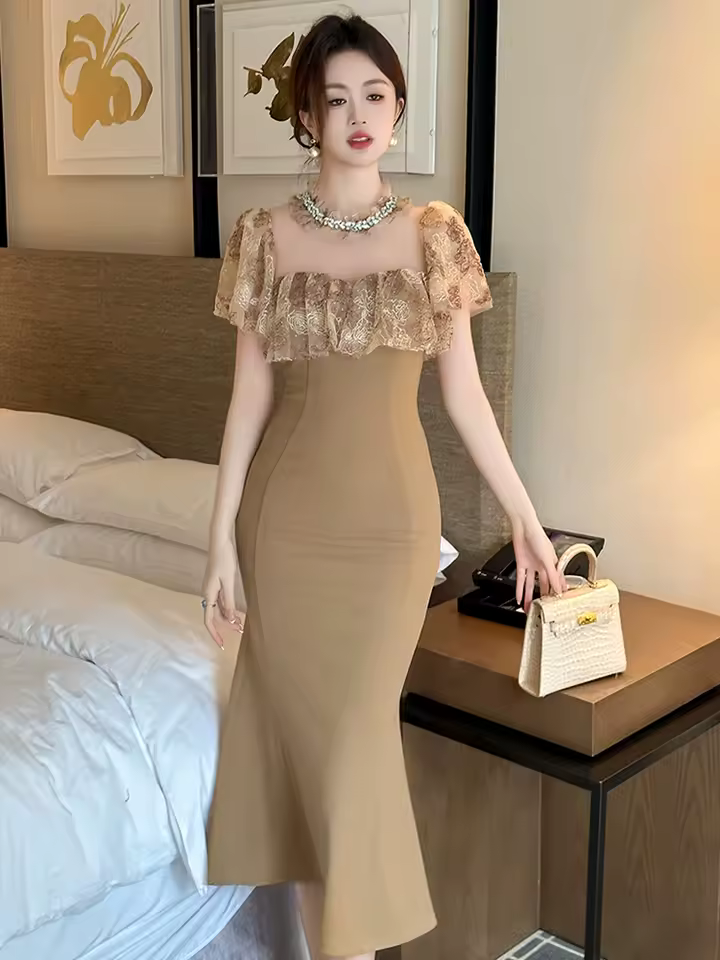 Casual Sweet Lace Sheer O-Neck Elegant Party Prom Slim Midi Fishtail Dress