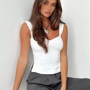 Casual Sweetheart Solid Color Simple Side Slit Pleated Cami Top