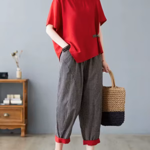 Casual T-shirt And Ankle-length Pants Vintage Style Loose Pant Suits 2 Piece Sets
