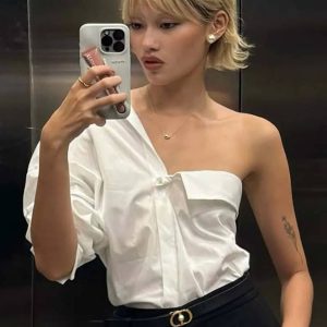 Casual Turn-Down Collar Half Sleeve One-Shoulder Blouses Single Breasted Shirts