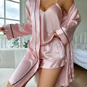 Casual V Neck Long Sleeve Belted Robe Simple Satin Pajama Set