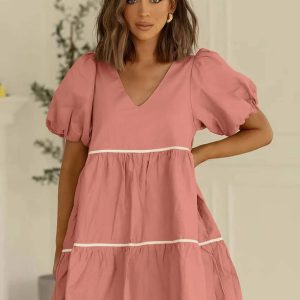 Casual V-Neck Patchwork Short Sleeve Elegant Loose Mini Dress