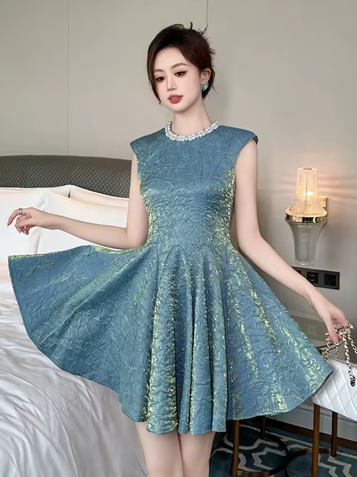 Casual Vintage Sparkly Gold Sleeveless Slim A-Line Mini Short Dress