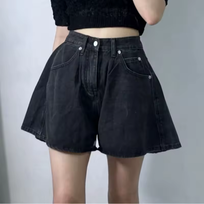 Casual Washed High Waist A-line Denim Shorts Pocket Loose Wide Leg Jeans Shorts