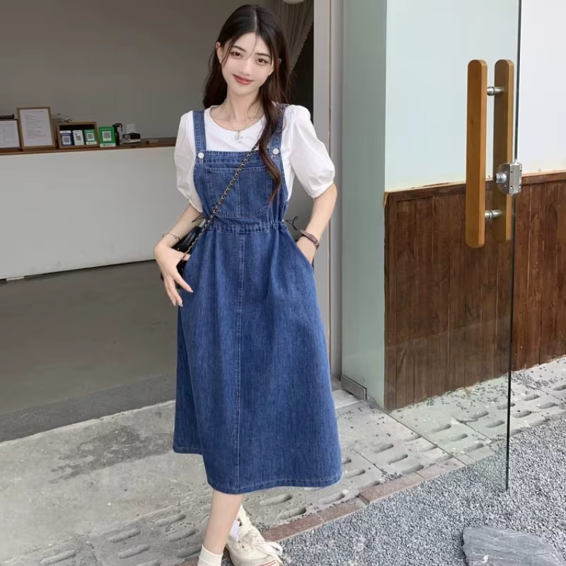 Causal Strap High Waist A-line Solid Lace-up Denim Suspender Midi Dress
