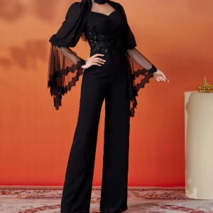 Chic Elegant Cutout Mesh Flare Sleeve Banquet Party Perform Jumpsuit
