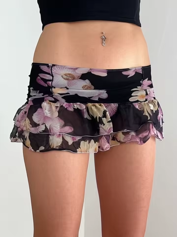 Chic Floral Print Trendy Ruched Slim Fit Mini Short Skirts