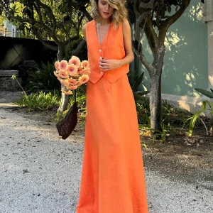 Chic Vest Long Skirt 2-Piece Set Sleeveless Top Fashionable Office Ladies Loose Dress