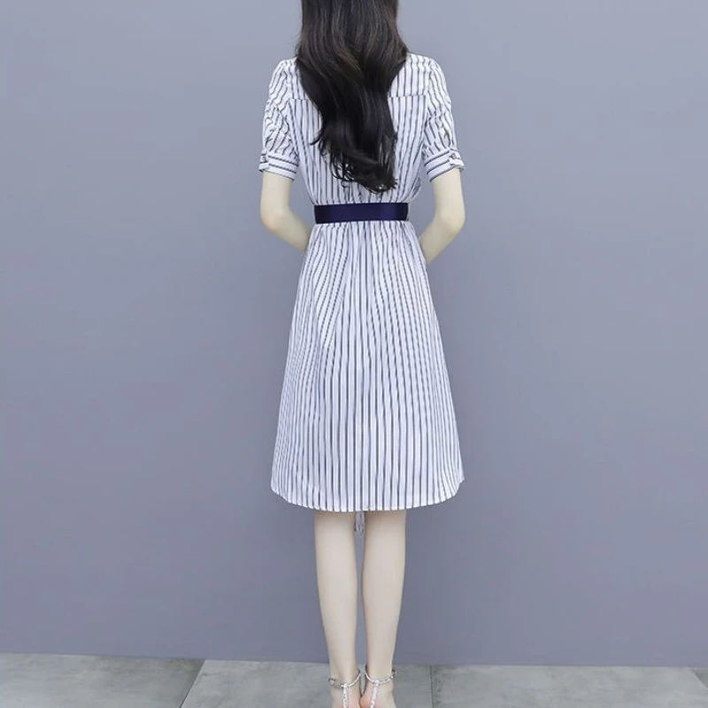 Chic and Elegant Stripe Short Sleeve Splicing Pretty Shirt Dress - Image 6