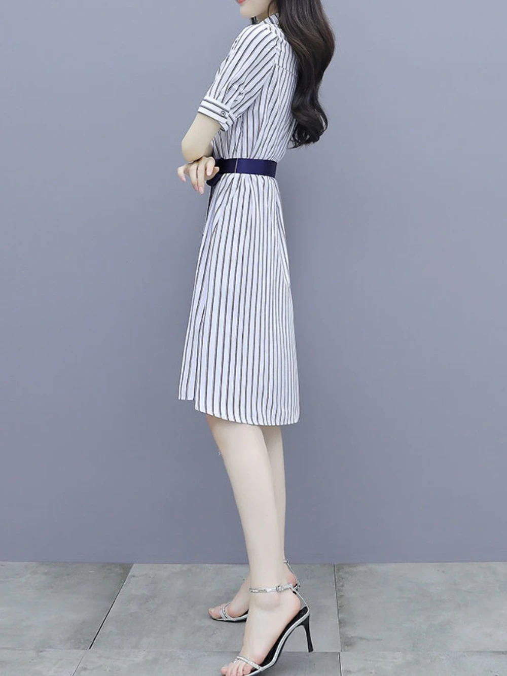 Chic and Elegant Stripe Short Sleeve Splicing Pretty Shirt Dress - Image 5