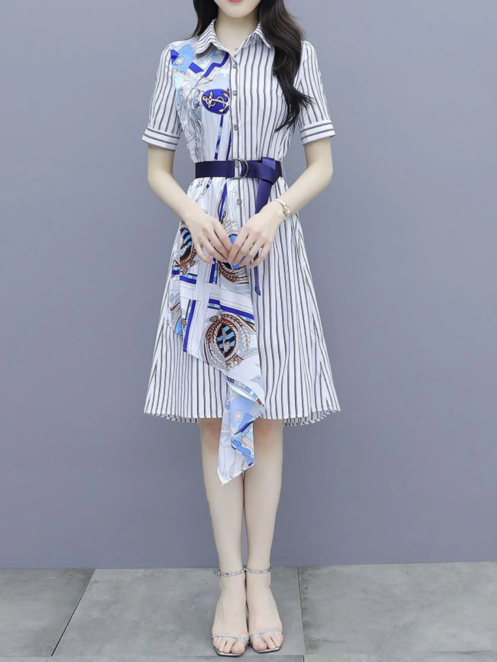 Chic and Elegant Stripe Short Sleeve Splicing Pretty Shirt Dress - Image 2