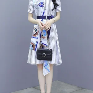 Chic and Elegant Stripe Short Sleeve Splicing Pretty Shirt Dress