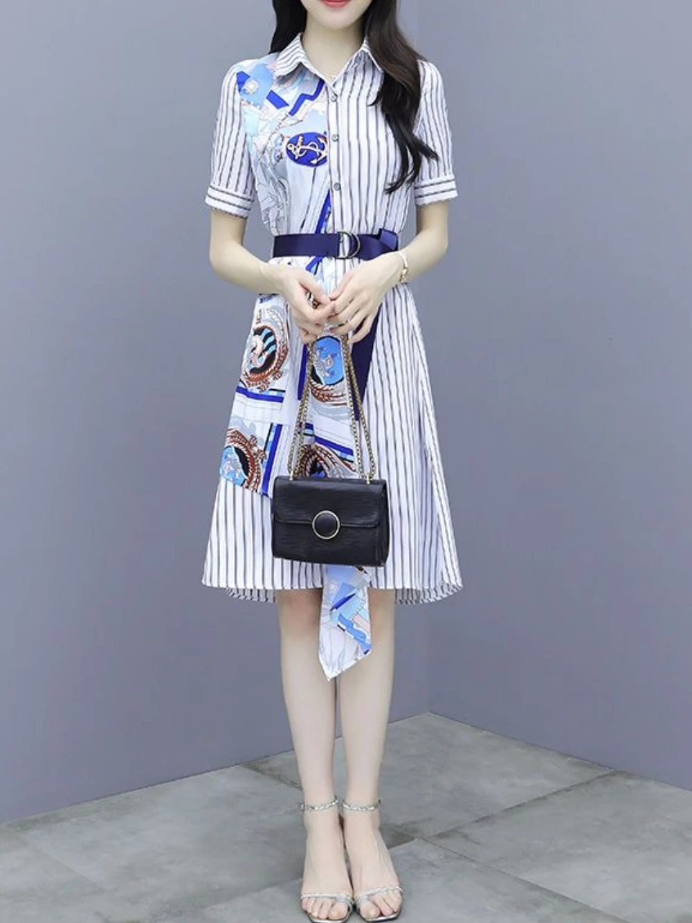 Chic and Elegant Stripe Short Sleeve Splicing Pretty Shirt Dress