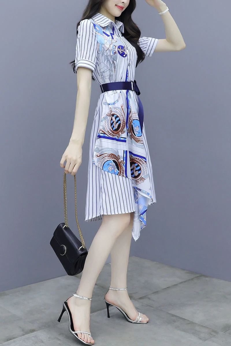 Chic and Elegant Stripe Short Sleeve Splicing Pretty Shirt Dress - Image 3