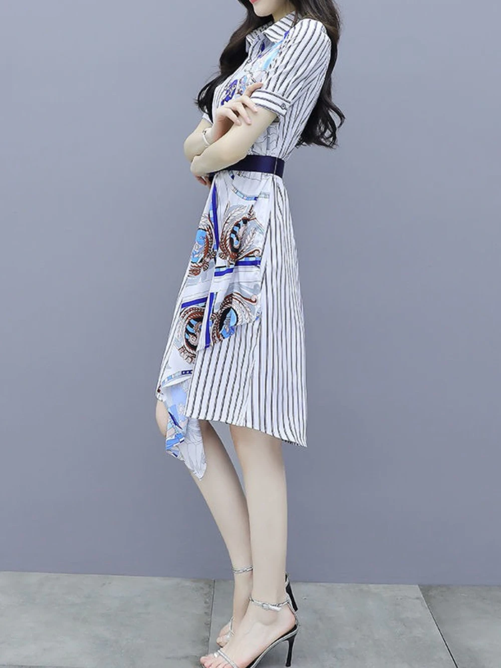 Chic and Elegant Stripe Short Sleeve Splicing Pretty Shirt Dress - Image 4