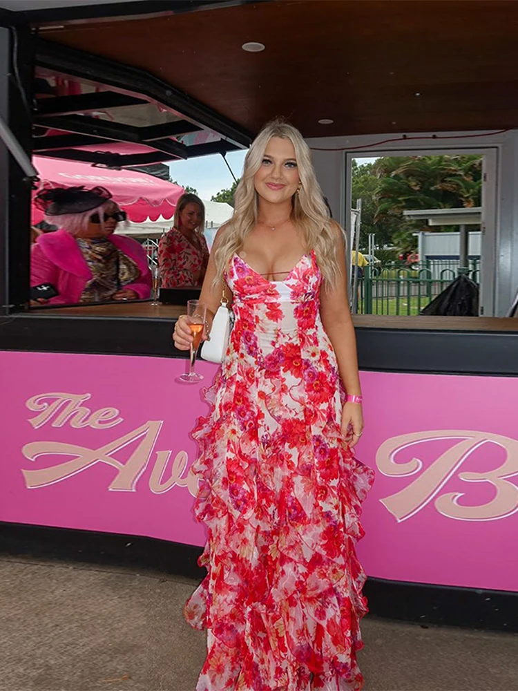 Chiffon Print Ruffles Strapless Sleeveless Backless Side Split Party Evening Dresses - Image 5