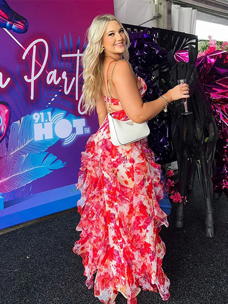 Chiffon Print Ruffles Strapless Sleeveless Backless Side Split Party Evening Dresses - Image 6