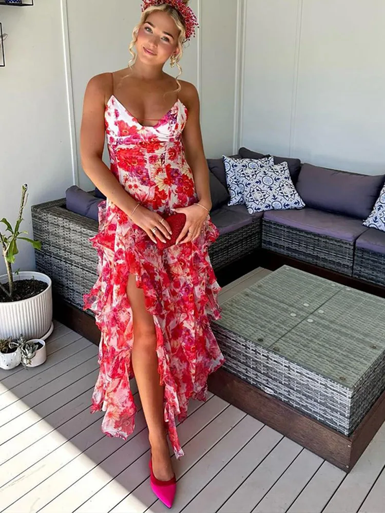 Chiffon Print Ruffles Strapless Sleeveless Backless Side Split Party Evening Dresses - Image 3