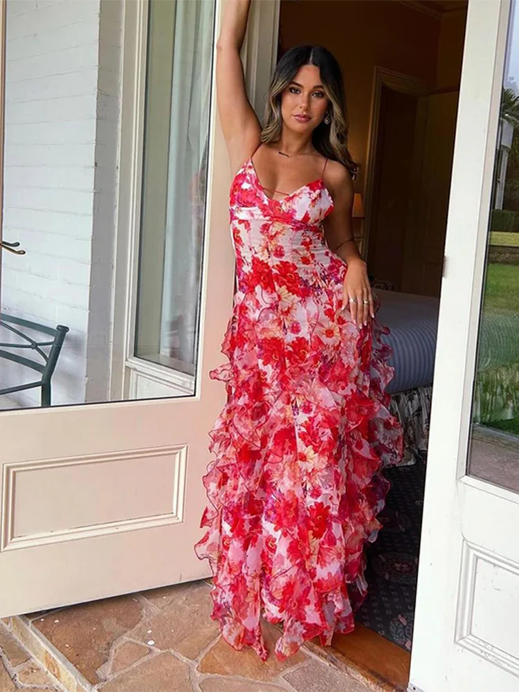 Chiffon Print Ruffles Strapless Sleeveless Backless Side Split Party Evening Dresses - Image 2