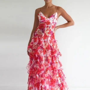 Chiffon Print Ruffles Strapless Sleeveless Backless Side Split Party Evening Dresses