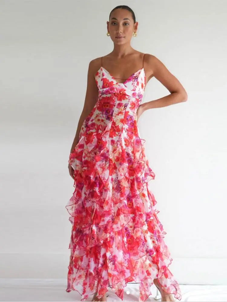 Chiffon Print Ruffles Strapless Sleeveless Backless Side Split Party Evening Dresses