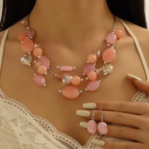 Classic Acrylic Charm Crystal Coral Necklace Earrings Wedding Jewelry Sets