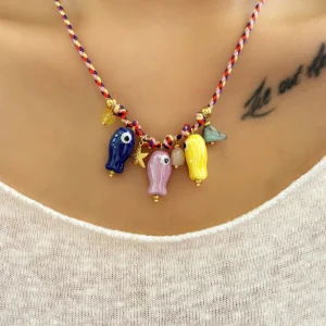 Classic Charm Ceramic Cartoon Fish Pendant Irregular Gravel Colorful Braided Rope Adjustable Necklace
