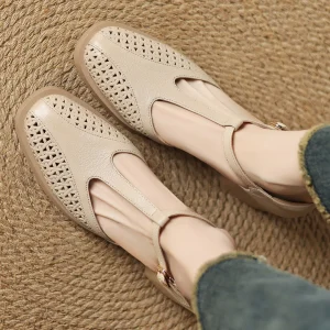 Classic Hollow-Out Sheepskin T-strap Thick Med Pumps High Heels Sandals