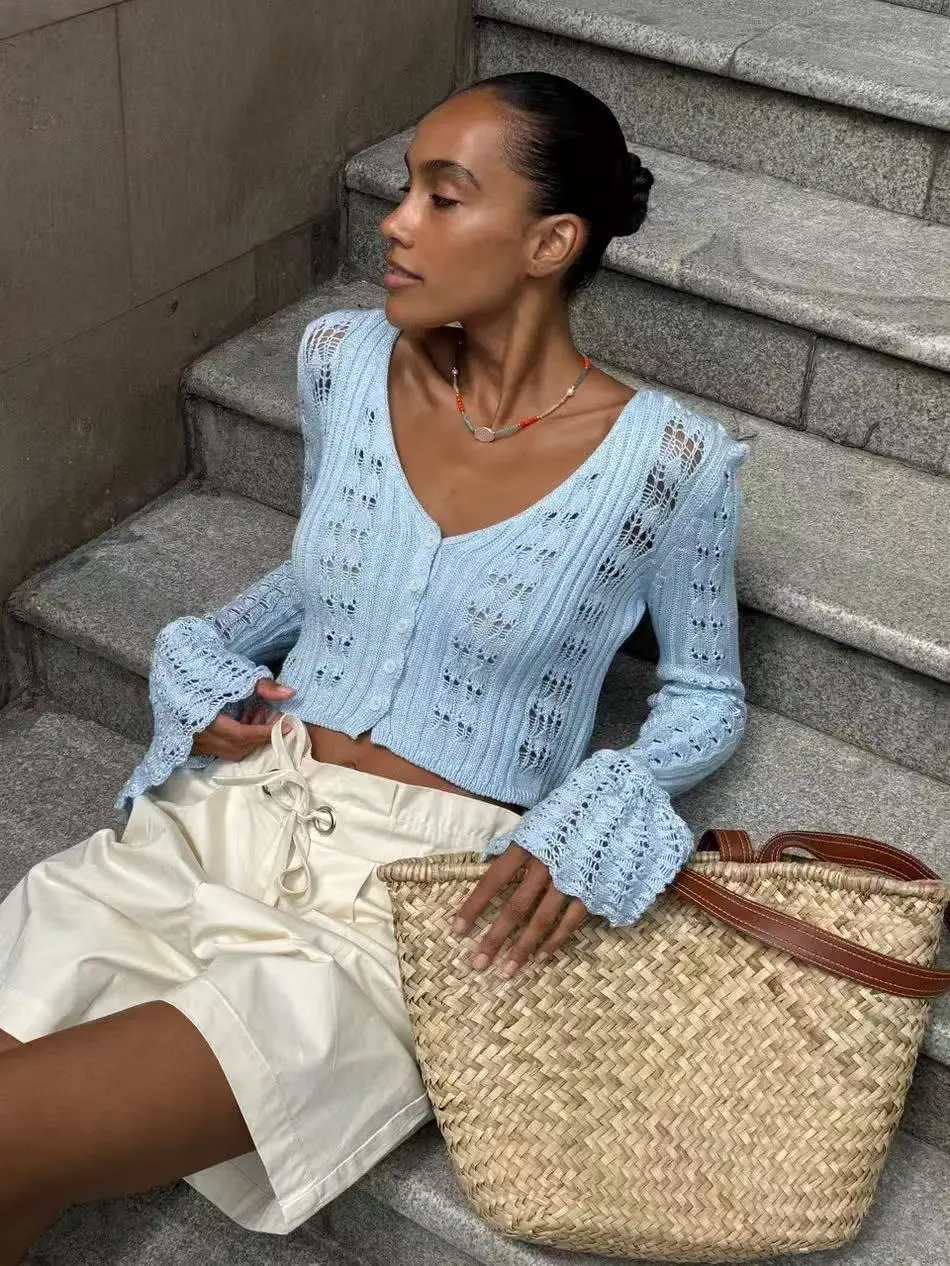 Classic Knitted Solid V-Neck Hollow Out Short Knitted Loose Crop Top - Image 2