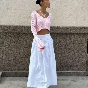 Classic Knitted Solid V-Neck Hollow Out Short Knitted Loose Crop Top