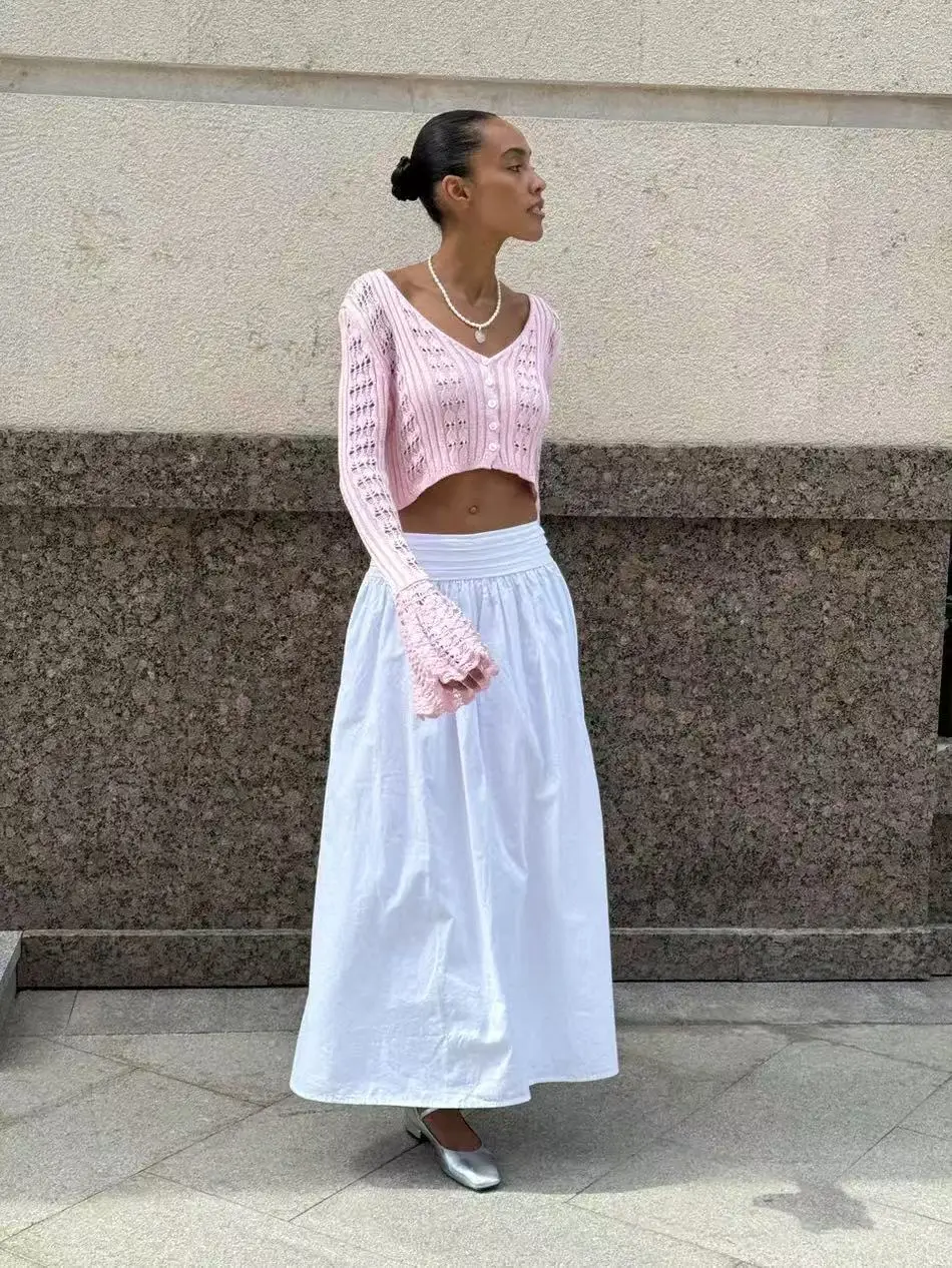 Classic Knitted Solid V-Neck Hollow Out Short Knitted Loose Crop Top