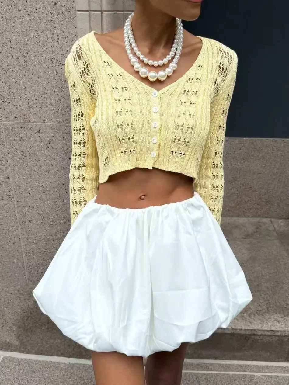 Classic Knitted Solid V-Neck Hollow Out Short Knitted Loose Crop Top - Image 15