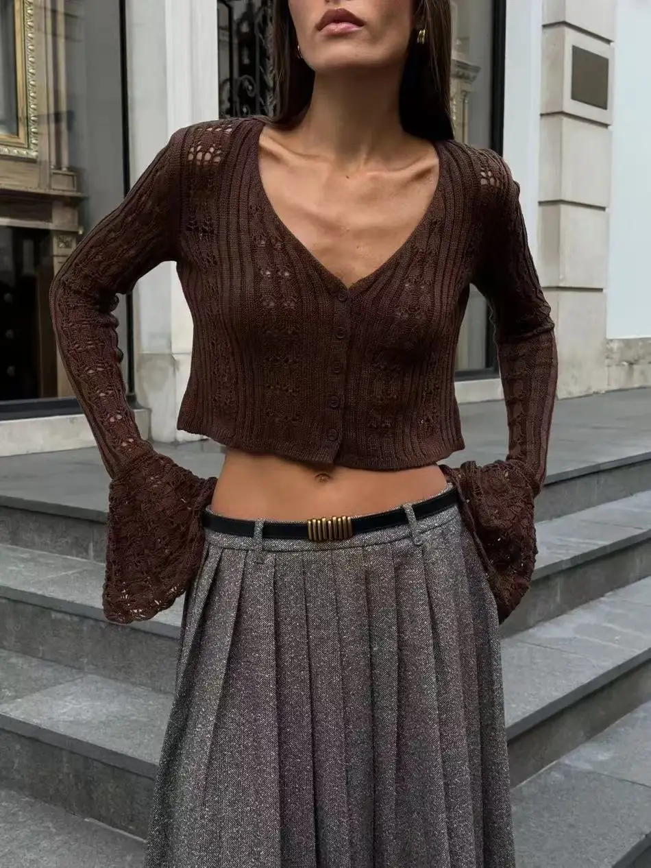 Classic Knitted Solid V-Neck Hollow Out Short Knitted Loose Crop Top - Image 7