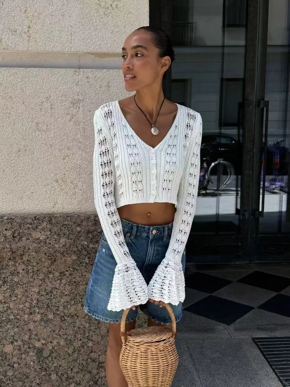 Classic Knitted Solid V-Neck Hollow Out Short Knitted Loose Crop Top - Image 10