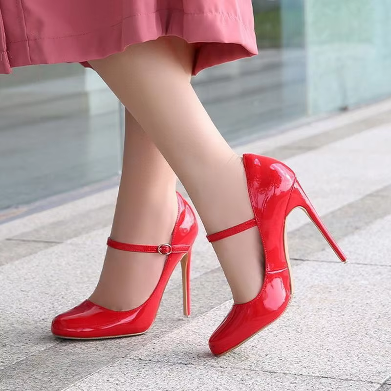 Novelty Patent Leather Ankle Strap Nightclub Party Thin High Heel