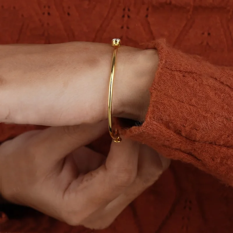 Classic Round Sterling Silver 925 Charms Fine Moissanite Bangle Bracelet - Image 2