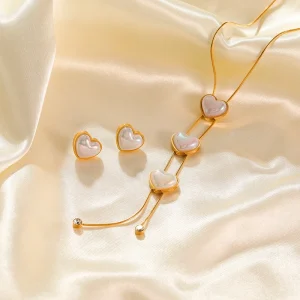 Classic Stainless Steel Heart Long Tassels Pendant Necklace Earrings Jewelry Set 