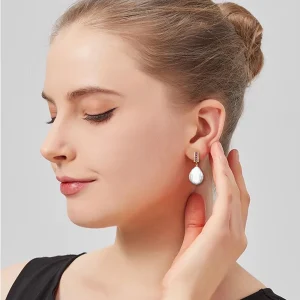 Classic Trendy Heart Baroque 18k Gold Plated Zircon Freshwater Pearl Drop Earrings