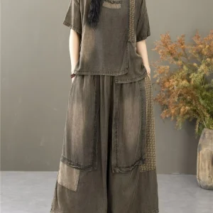 Classic Patchwork O Neck Vintage Tops Tees Loose Jeans Casual Pants Two Pieces Sets