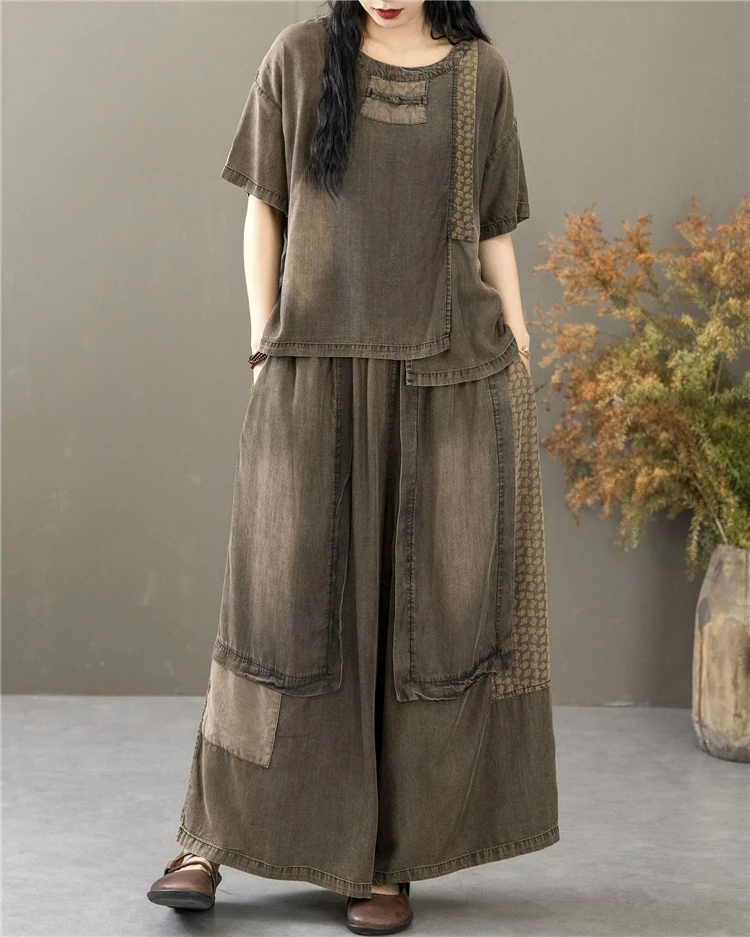 Classic Patchwork O Neck Vintage Tops Tees Loose Jeans Casual Pants Two Pieces Sets