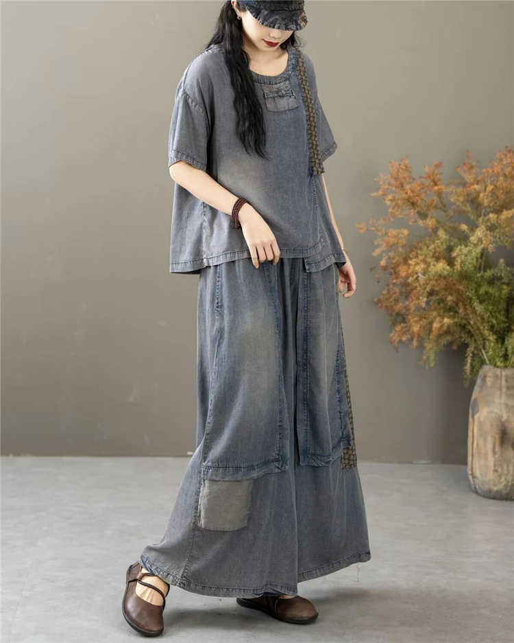 Classic Patchwork O Neck Vintage Tops Tees Loose Jeans Casual Pants Two Pieces Sets - Image 10