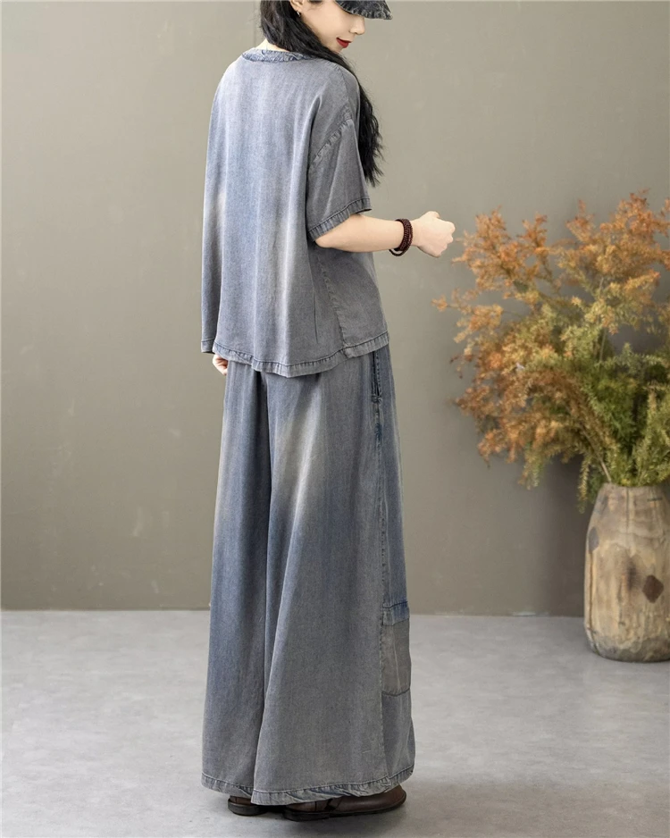 Classic Patchwork O Neck Vintage Tops Tees Loose Jeans Casual Pants Two Pieces Sets - Image 11