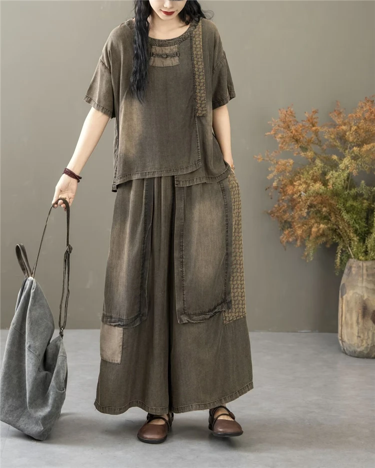 Classic Patchwork O Neck Vintage Tops Tees Loose Jeans Casual Pants Two Pieces Sets - Image 2