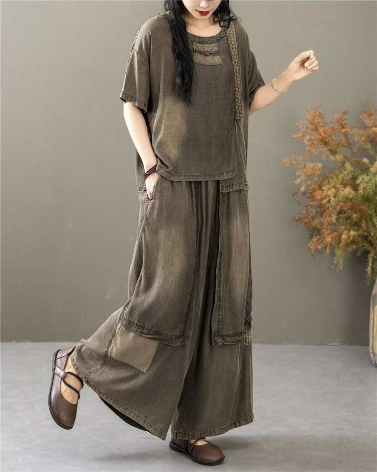 Classic Patchwork O Neck Vintage Tops Tees Loose Jeans Casual Pants Two Pieces Sets - Image 3