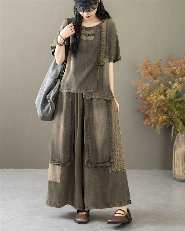 Classic Patchwork O Neck Vintage Tops Tees Loose Jeans Casual Pants Two Pieces Sets - Image 4