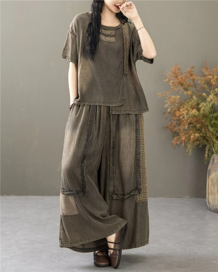 Classic Patchwork O Neck Vintage Tops Tees Loose Jeans Casual Pants Two Pieces Sets - Image 5