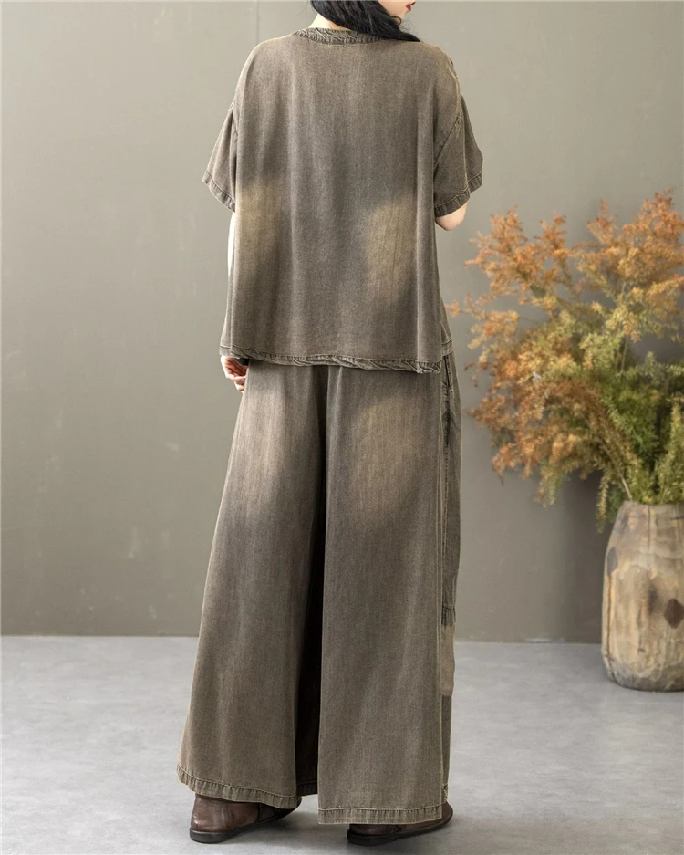 Classic Patchwork O Neck Vintage Tops Tees Loose Jeans Casual Pants Two Pieces Sets - Image 6